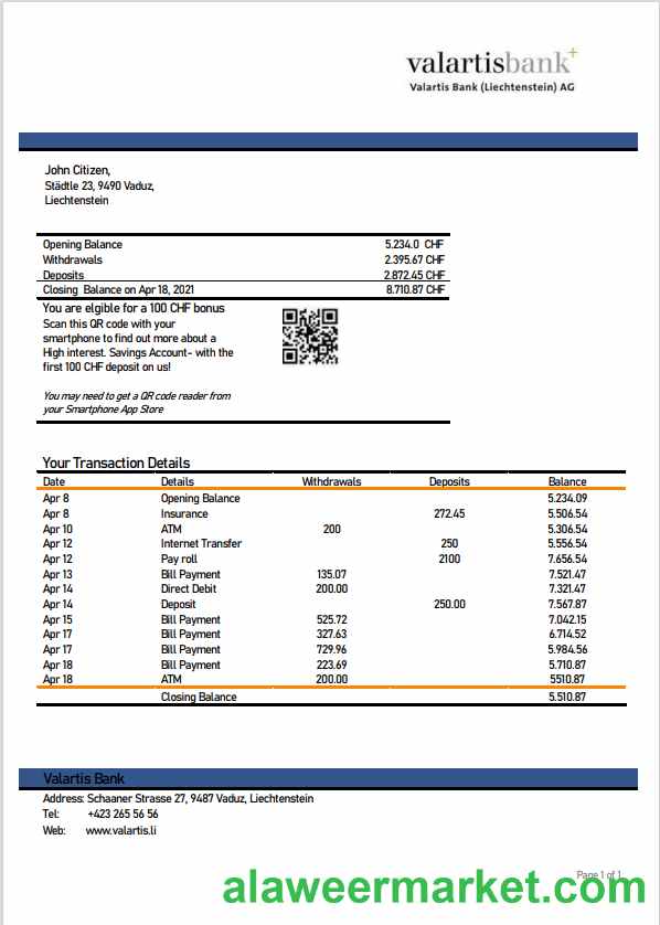 Liechtenstein Valartis bank statement template in Word and PDF format